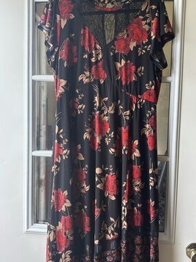 Torrid Black Lace Dress with Red and Tan Floral Accents